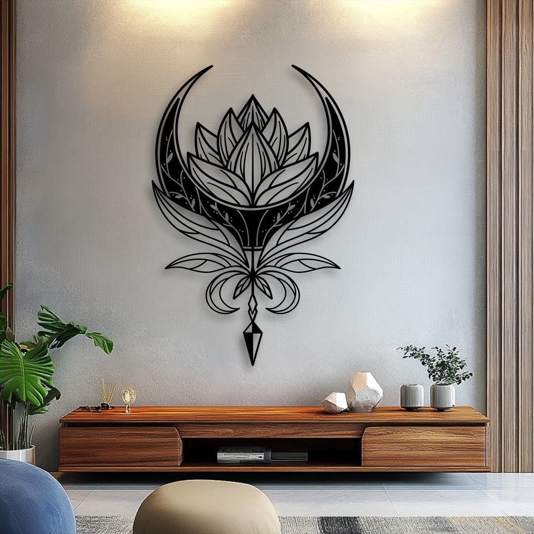 A light grey wall features an elegant black Celestial Lotus Emblem Mandala metal decoration wall art above a wooden console.