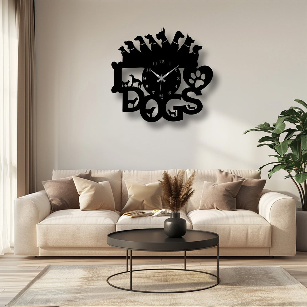 The darkest area reveals a striking black metal dog lovers wall clock, featuring numerous dog silhouettes as a unique decoration wall art.