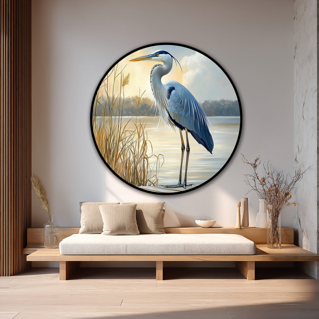 The focal point shows a heron in a round oil painting bringing an elegant animal and nature scene to life, a beautiful example of oil painting decoration.