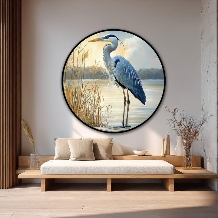 The focal point shows a heron in a round oil painting bringing an elegant animal and nature scene to life, a beautiful example of oil painting decoration.
