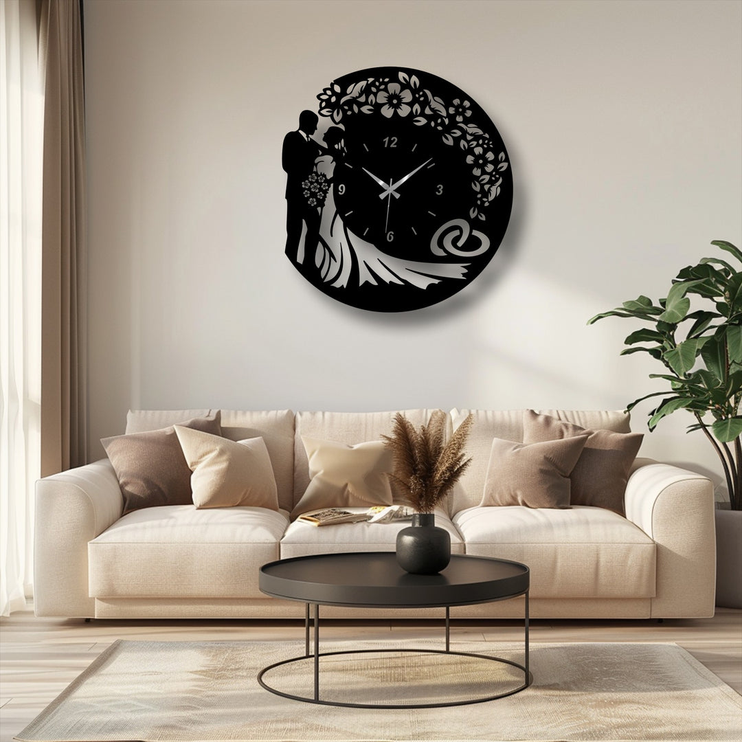 A romantic mood permeates this modern space, enhanced by the elegant bride and groom silhouette metal wall clock, a perfect decoration wall art choice.