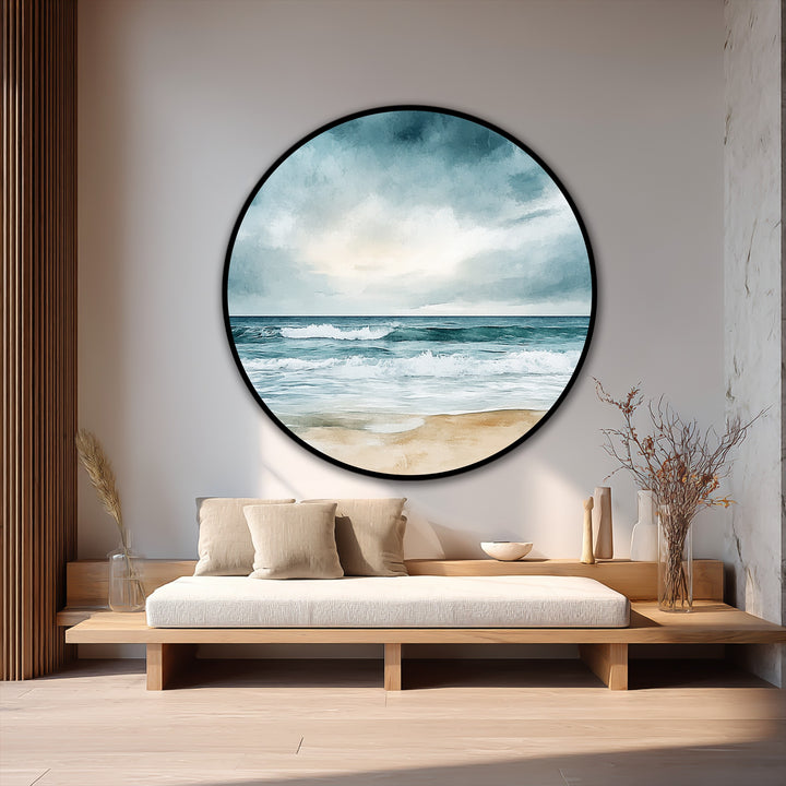 Round oil painting decoration frames a tranquil beach horizon, complementing the rectangular wooden platform and vertical wood paneling in a serene geometric design.