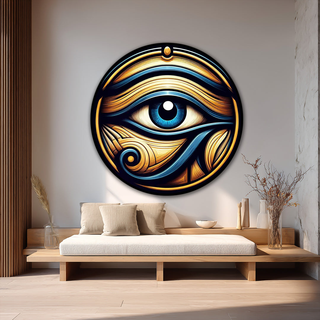 Rich depth and layers define this round Eye of Horus design, showcasing a captivating piece of oil painting home decor in vivid blue and gold tones.
