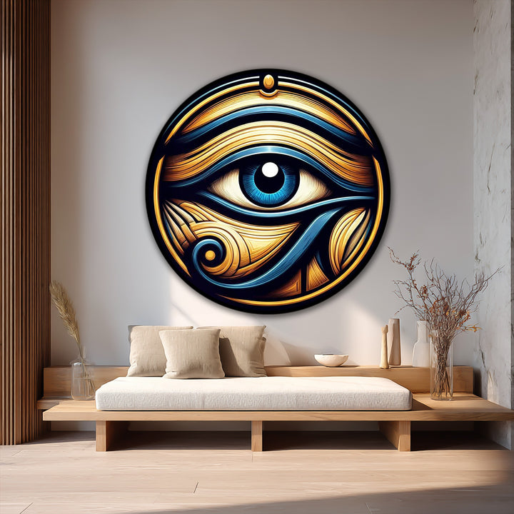 Rich depth and layers define this round Eye of Horus design, showcasing a captivating piece of oil painting home decor in vivid blue and gold tones.