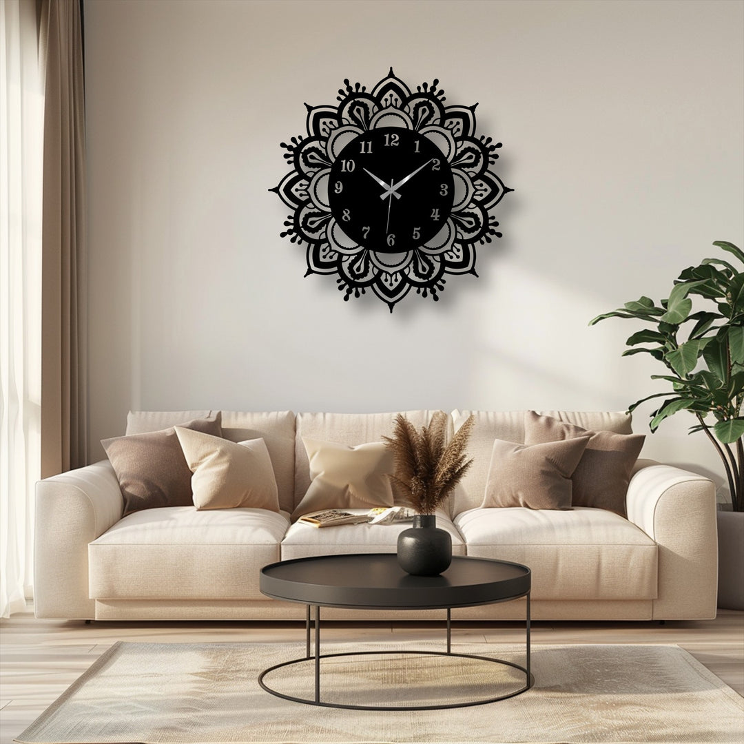 Low color saturation enhances the stark contrast of the ornate mandala metal art for wall in this decorative clock, emphasizing its elegant classic design.