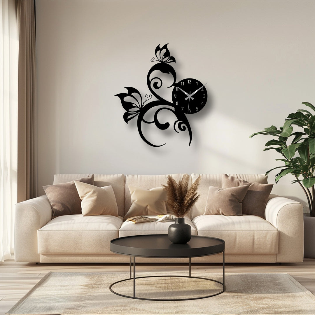 The prominent black butterfly and vine wall clock, an elegant metal art for wall piece, showcases an intricate nature-inspired design.