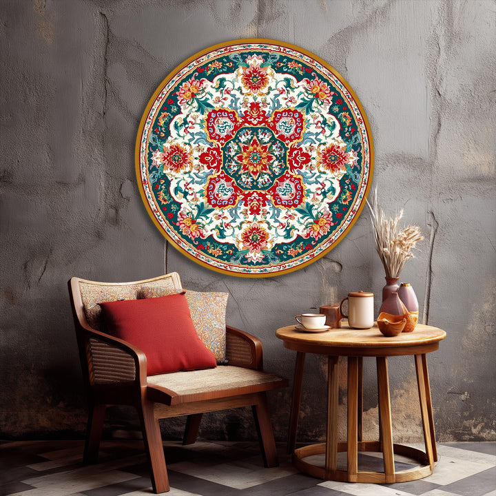 The tranquil mood is evoked by the vintage pattern of this ornate floral medallion round canvas art, creating a harmonious space with stunning canvas art.