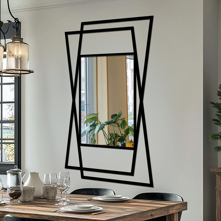 The darkest area highlights the sleek black metal lines in this minimal layered angular frame floor mirror, adding depth as unique metal wall art.