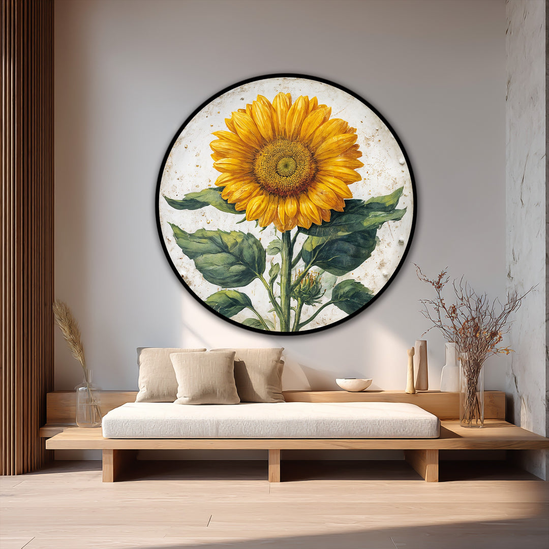 Éclat doré–Tournesol Botanique Rond Tableau Peinture à l’huile