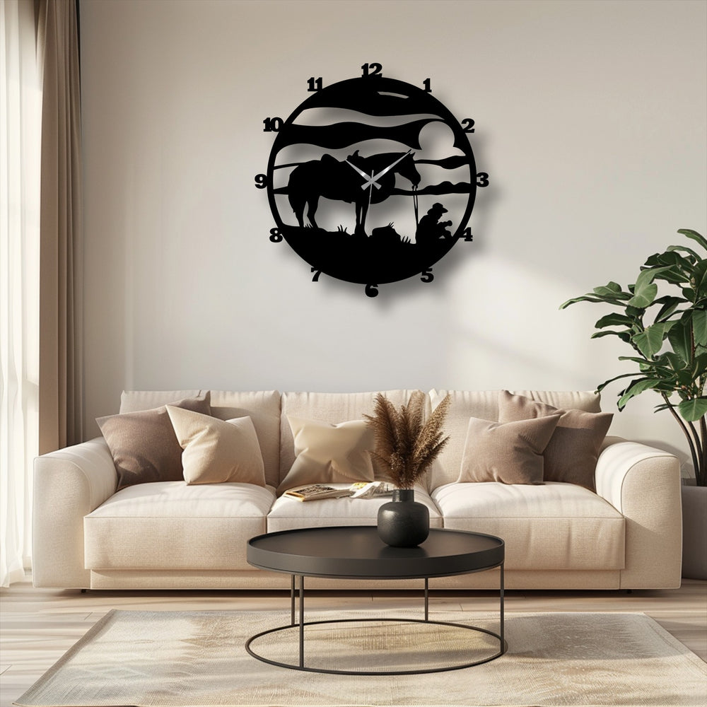 Horizontal, round, metal Western Cowboy Horse Silhouette wall clock brings a rustic ranch design with stunning decoration wall art.