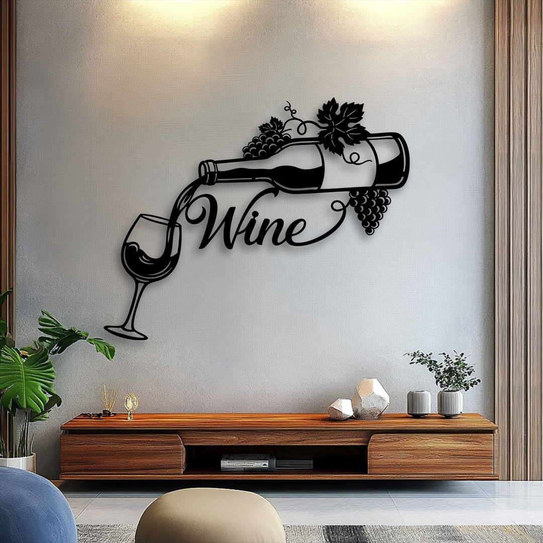 The focal point is an elegant black metal wine bottle pouring into a glass with grapes, serving as sophisticated decoration wall art.