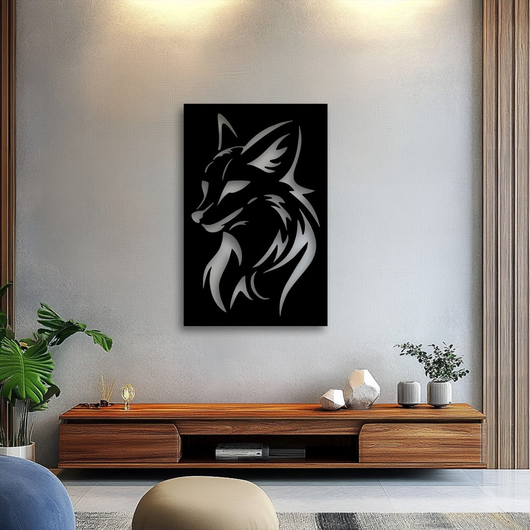 The sleek metallic finish of the fierce wolf head silhouette metal artwork stands out against the matte black background.