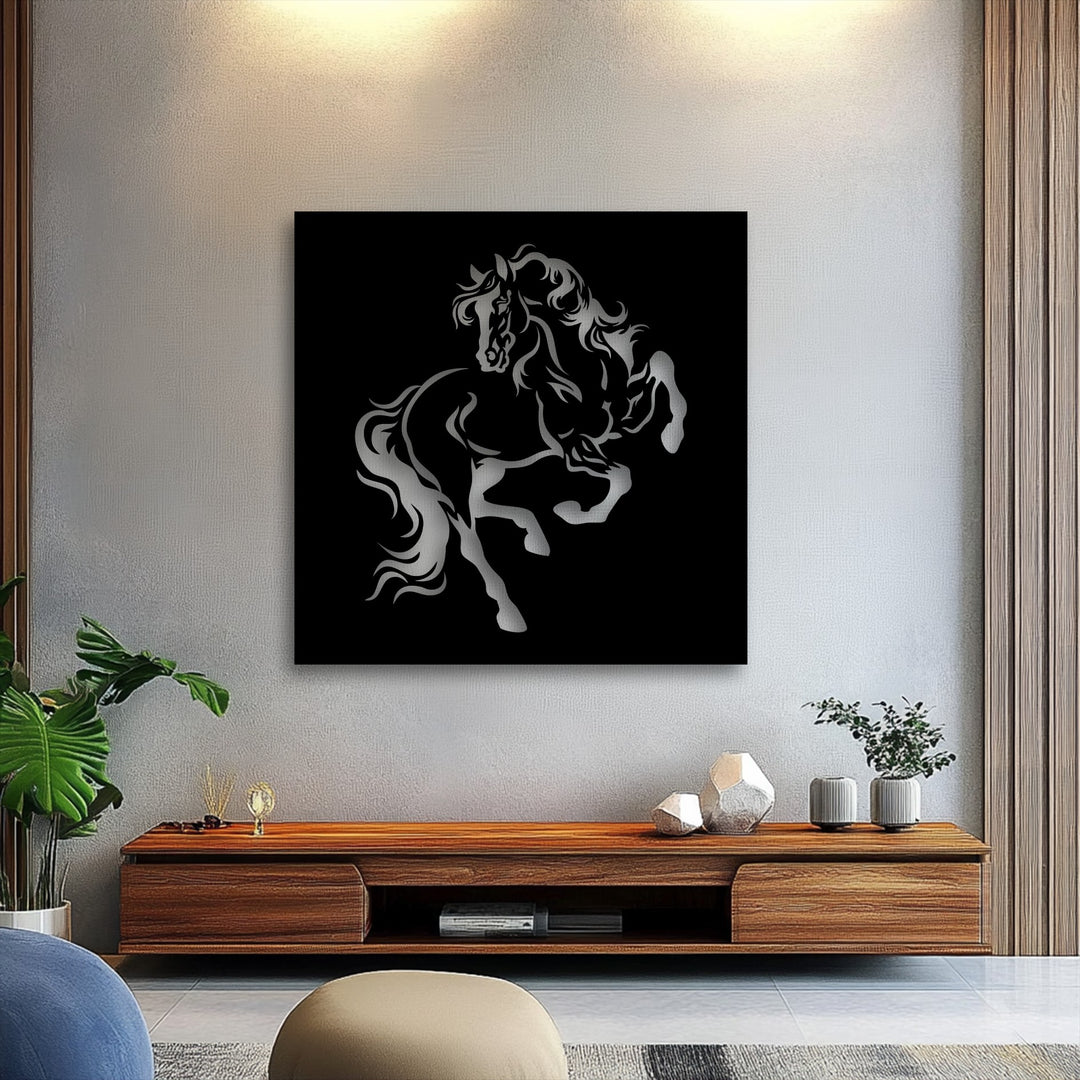 Premium material quality defines this metal wall decor, displaying a dynamic rearing horse silhouette with a sleek finish.