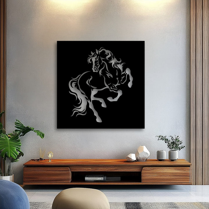 Premium material quality defines this metal wall decor, displaying a dynamic rearing horse silhouette with a sleek finish.