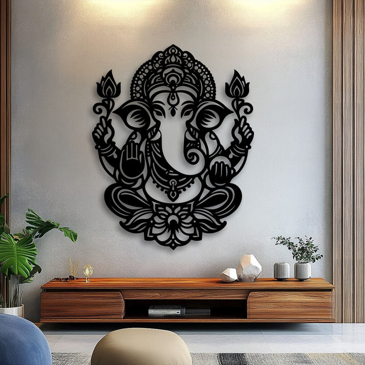 The commanding black Ganesha metal art for wall, intricately detailed with a lotus, serves as a powerful spiritual centerpiece.