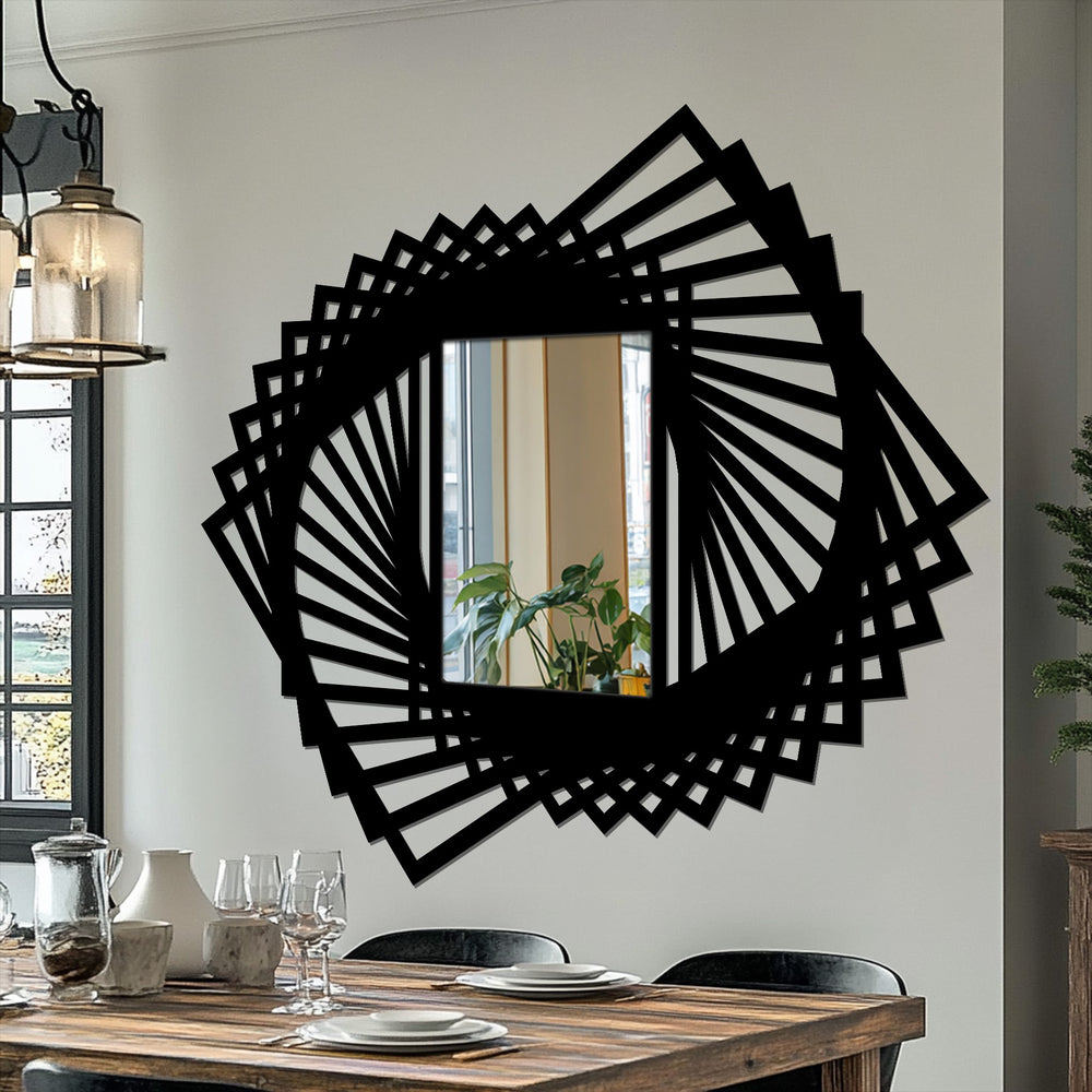 Featuring a sleek black finish, this spiral fan metal floor mirror showcases decoration wall art with its rotating geometric frame design.