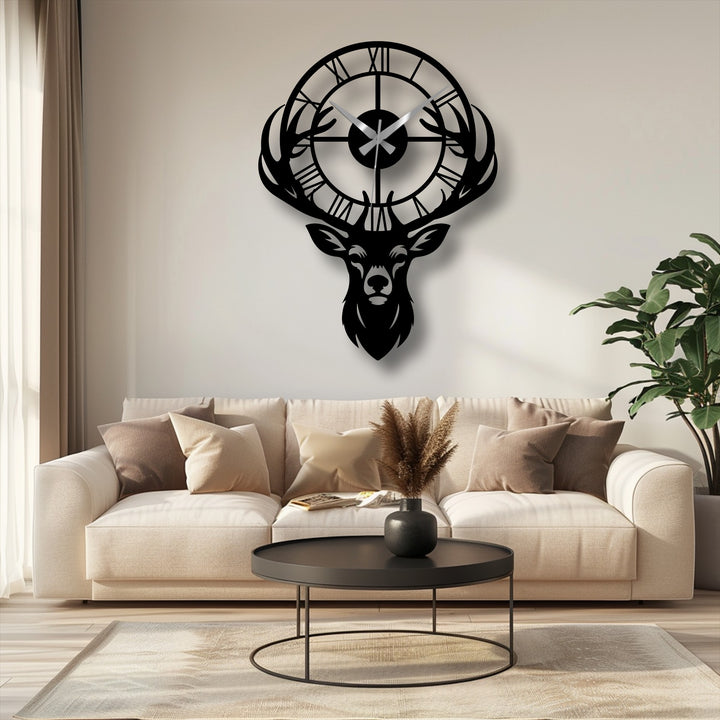 Featuring a subtle surface texture, the majestic deer antler unique metal wall art clock adds a rustic yet refined touch to the room's decor.