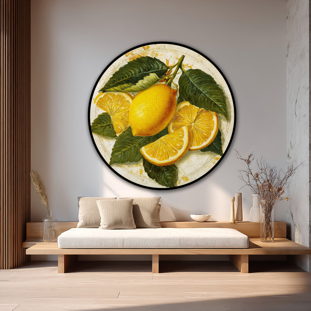 Rustic Lemon Still Life – Vintage Citrus Round Oil Painting