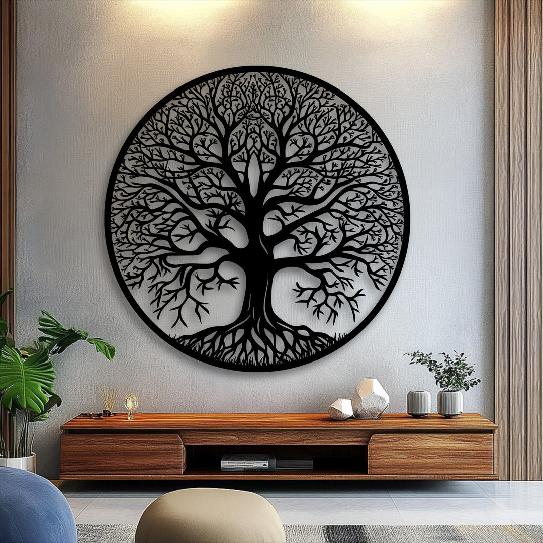 The robust black metal craftsmanship of this Tree of Life Circle Wall Art showcases durable decorative metal art, highlighting intricate details.