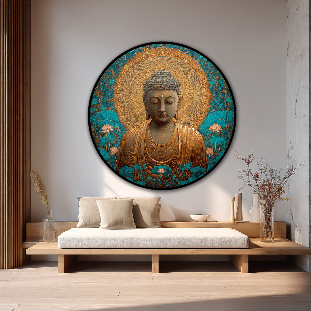 Exploring depth and layers in this sacred tranquility oil painting artwork, a round golden Buddha with lotus blossoms and teal accents creates a serene three-dimensional scene.
