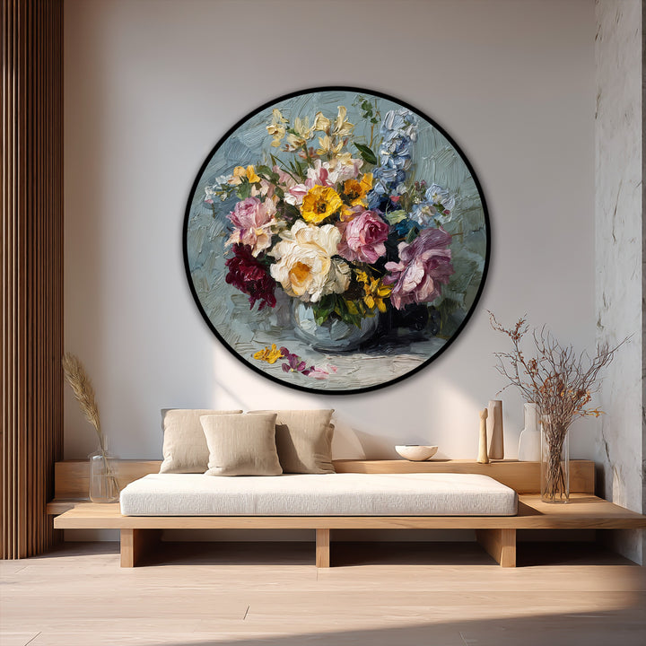 Swirling brushstrokes capture the sense of movement in this vibrant round oil painting artwork, depicting a radiant garden bouquet bursting with expressive florals.