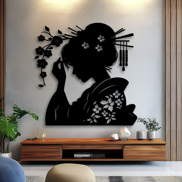 Delicate cherry blossoms adorn the graceful oriental silhouette, creating a stunning piece of decorative metal art.