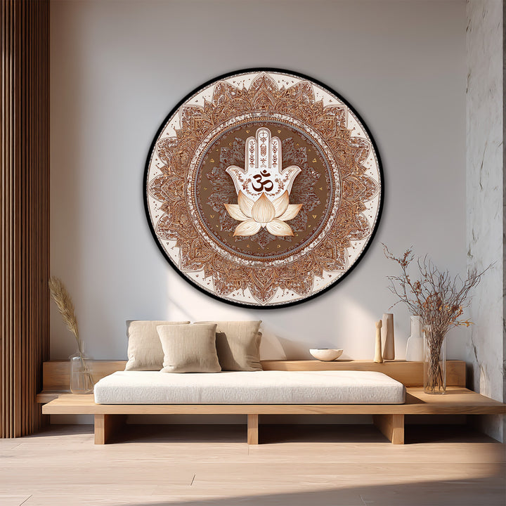Subtly lit cushions soften the edge of this spiritual room showcasing the Sacred Lotus Hamsa, a compelling oil painting artwork on wood with the Om symbol.