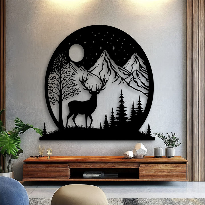 The subtle glow of the moon casts a serene ambiance over this unique metal wall art depicting a majestic deer and mountains.