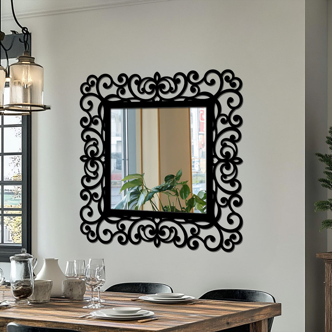 The darkest area showcases the ornate, scrollwork frame of the metal art for wall mirror, adding a decorative flourish to the reflected interior scene.
