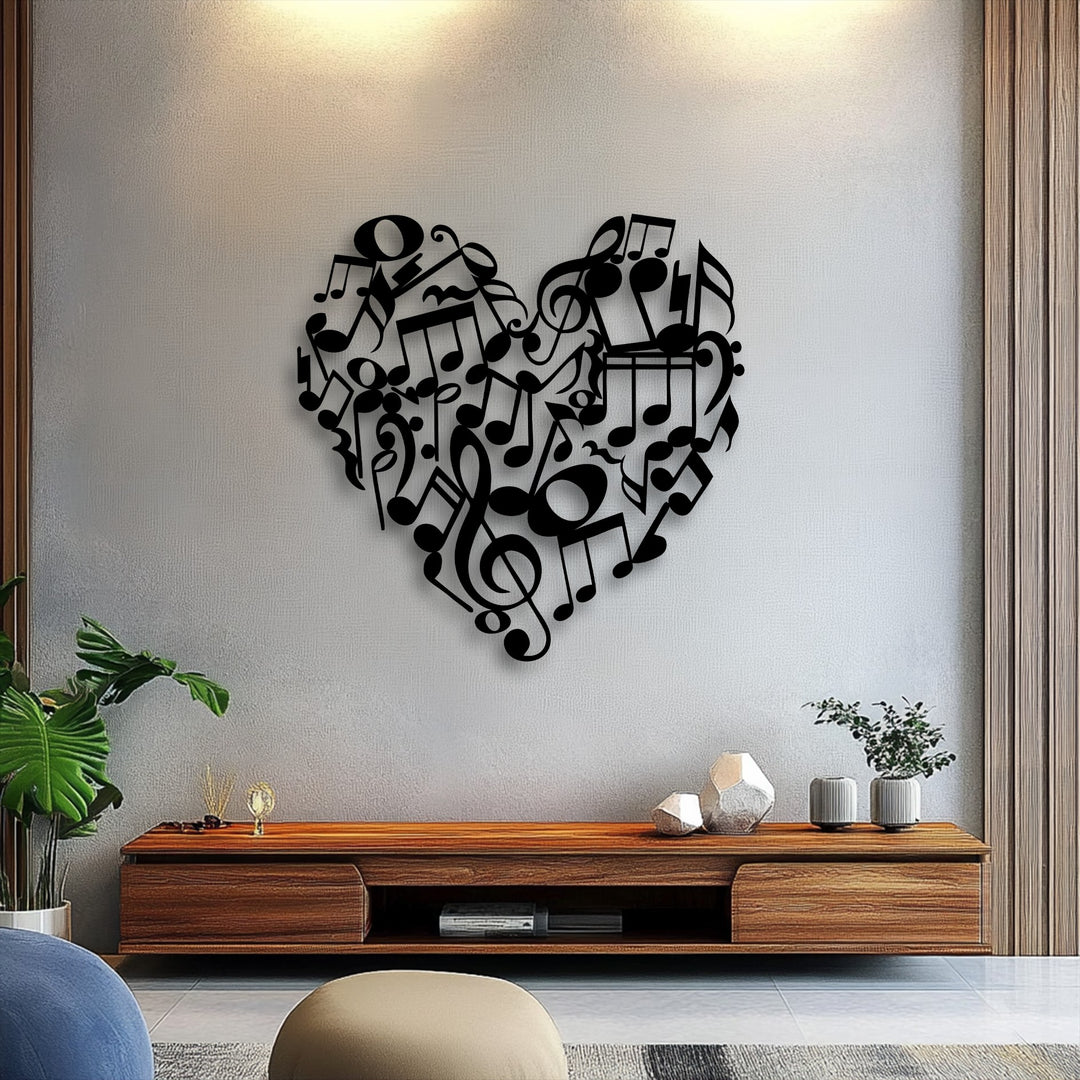 Organic forms of diverse music notes elegantly compose a large heart, creating captivating decorative metal art with an artistic melody design.