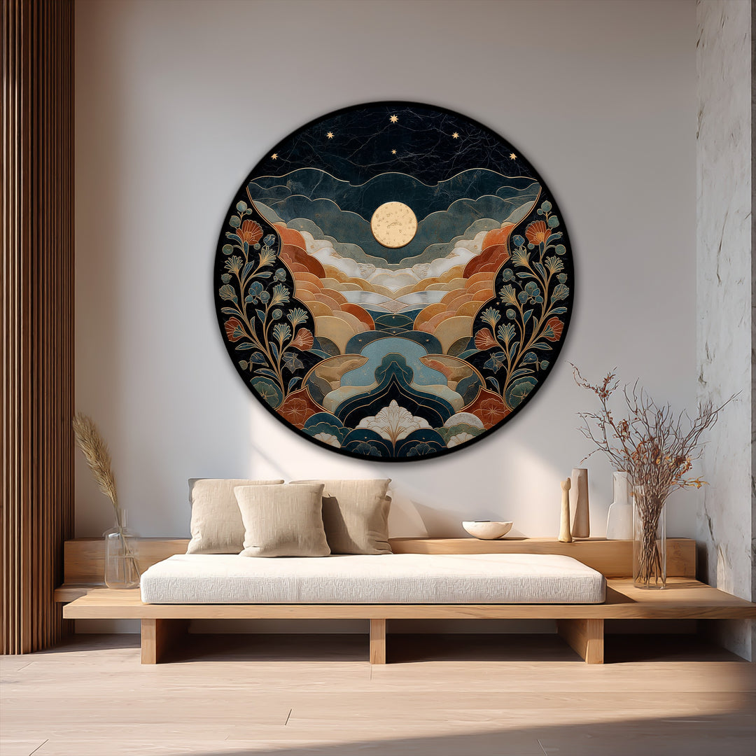 Embracing organic forms, this celestial valley features a moonlit landscape as a wood-mounted oil painting art piece, revealing layered hills and elegant, organically styled floral details.