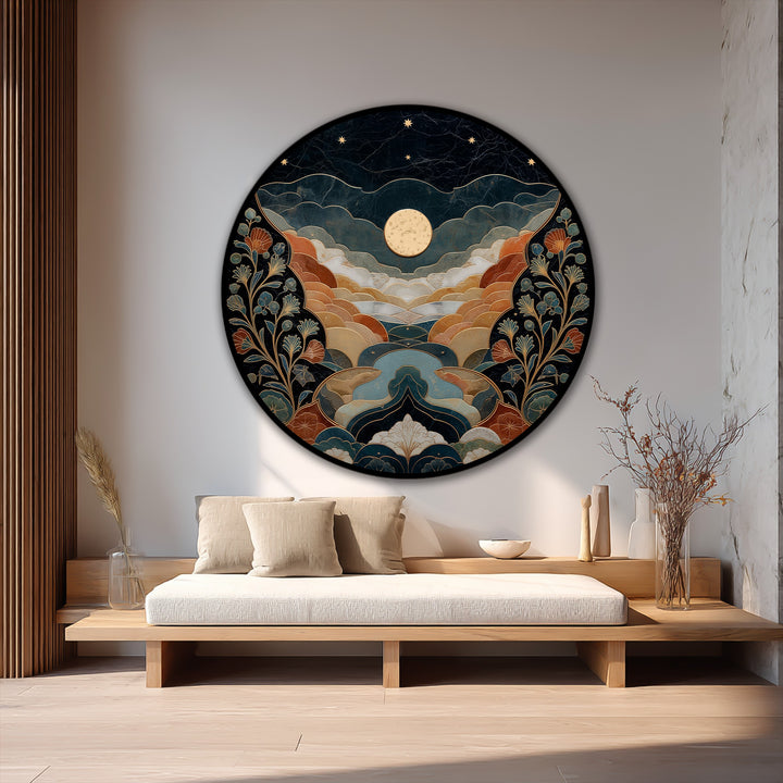 Embracing organic forms, this celestial valley features a moonlit landscape as a wood-mounted oil painting art piece, revealing layered hills and elegant, organically styled floral details.