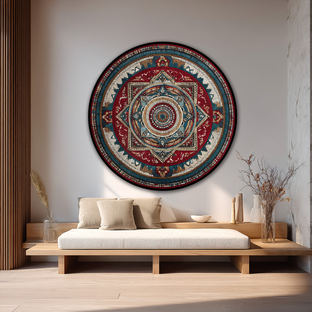 Smooth finish enhances the vibrant colors and intricate details of this ornate geometric mandala, making it a striking oil painting art piece for any room.