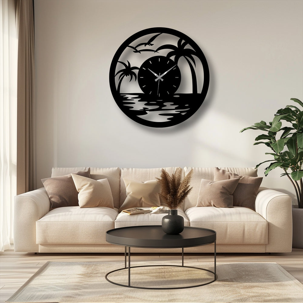 Low color saturation is apparent in this tropical sunset metal wall clock, a modern decoration wall art piece featuring palm trees on a light wall.