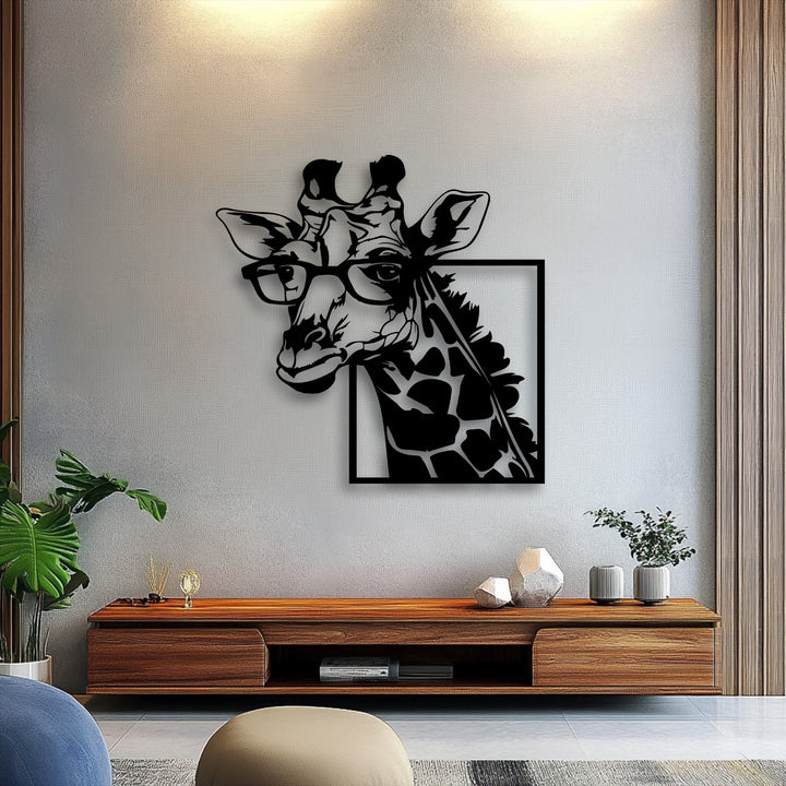 A textured, warm gray wall with slatted wooden accents provides a stylish backdrop for the unique metal wall art of a bespectacled giraffe.