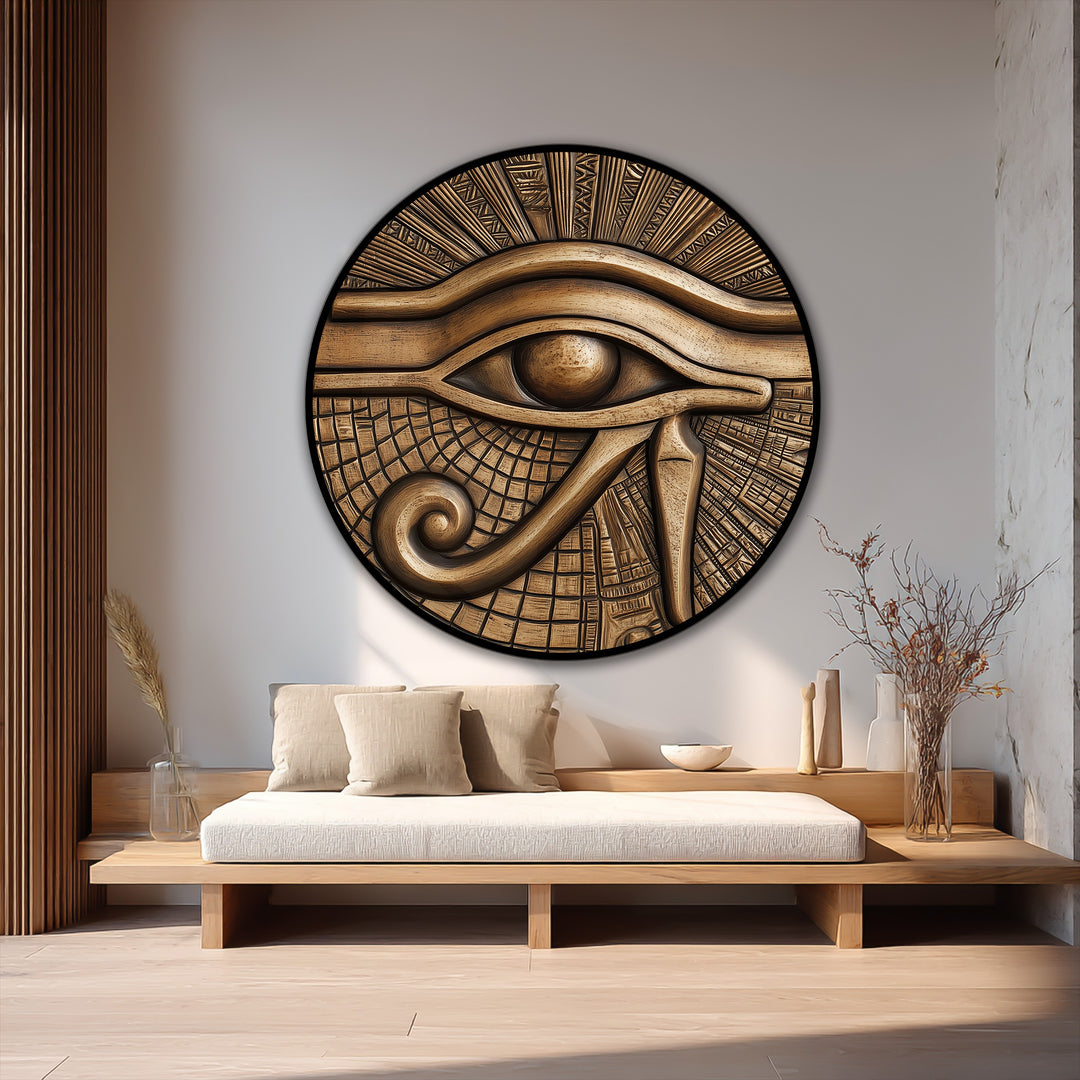 Rounded ancient oil painting art prints display the organic, flowing lines of the Egyptian Eye, carved in warm wood tones as home decor.