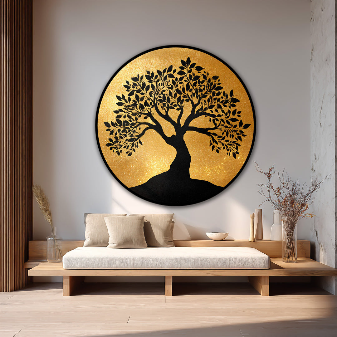 Golden Serenity – Silhouette di albero rotonda Quadro a Olio su legno