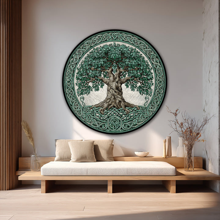 Highlighting the layering effect, this Celtic Tree of Life round oil painting artwork features intricate knotwork and a textured tree that adds depth and dimension.
