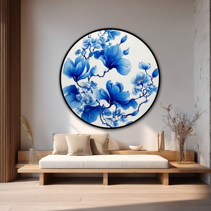 Textured surface reveals the delicate details of this elegant round oil painting art prints, showcasing blue magnolia blossoms with a subtle, handcrafted quality.