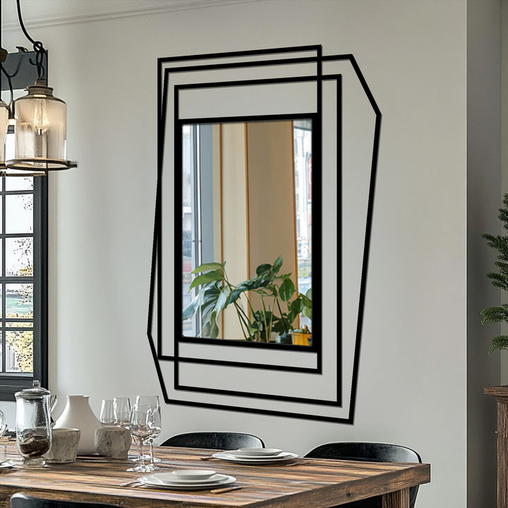 Black metal finish enhances the layered geometric asymmetrical frame on this modern floor mirror, offering a chic decoration wall art piece.