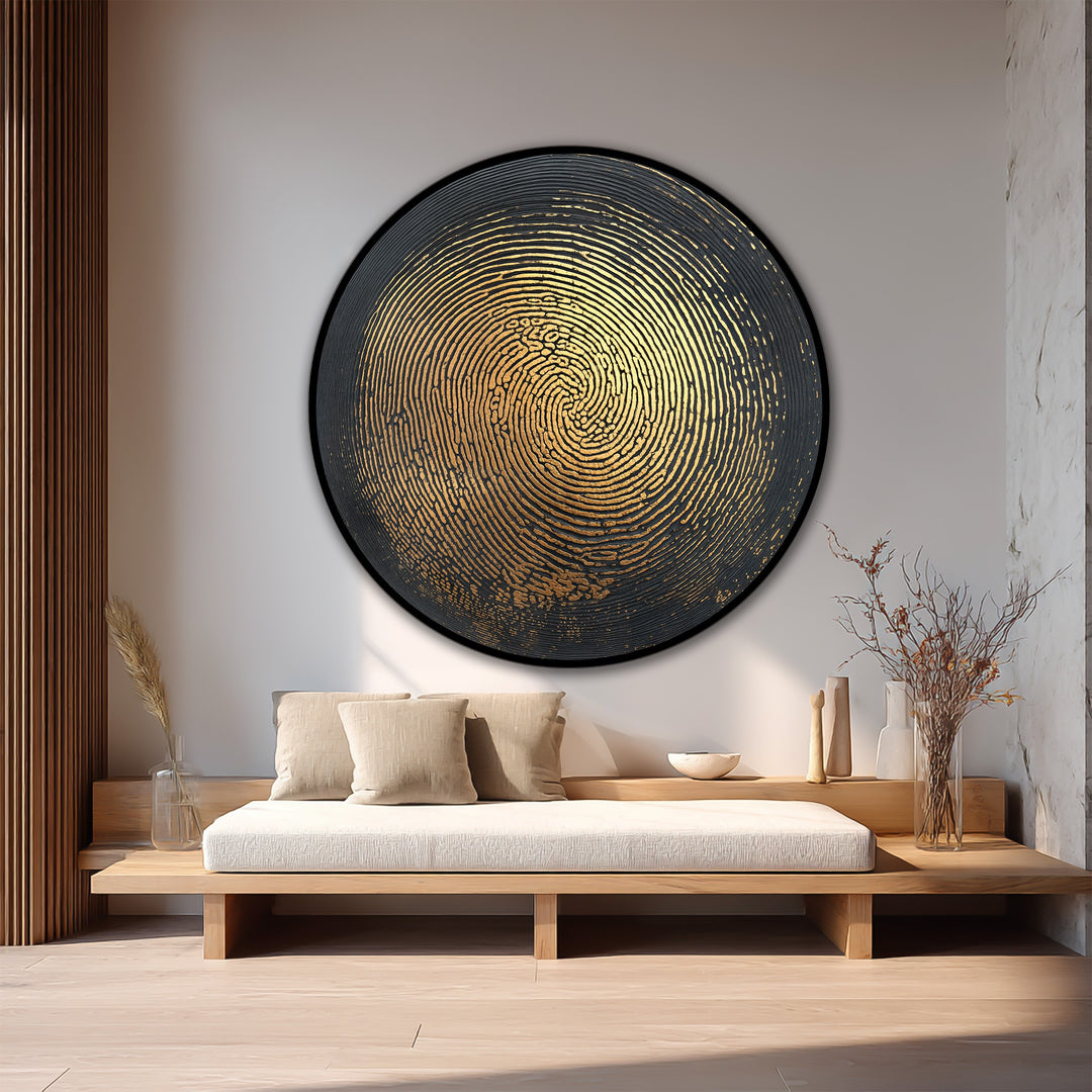A peaceful mood exudes from this abstract round wooden wall art, an oil painting decoration featuring a golden pulse texture against a dark, elegant backdrop.