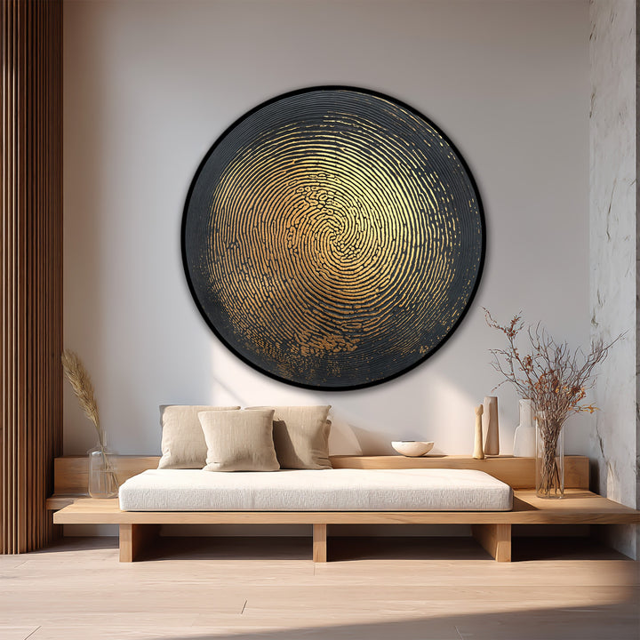 A peaceful mood exudes from this abstract round wooden wall art, an oil painting decoration featuring a golden pulse texture against a dark, elegant backdrop.