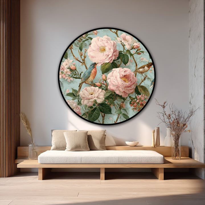 Highlighted by soft light, the floral oil painting decoration featuring a blossoming garden with delicate songbirds creates a harmonious and enchanting central subject.