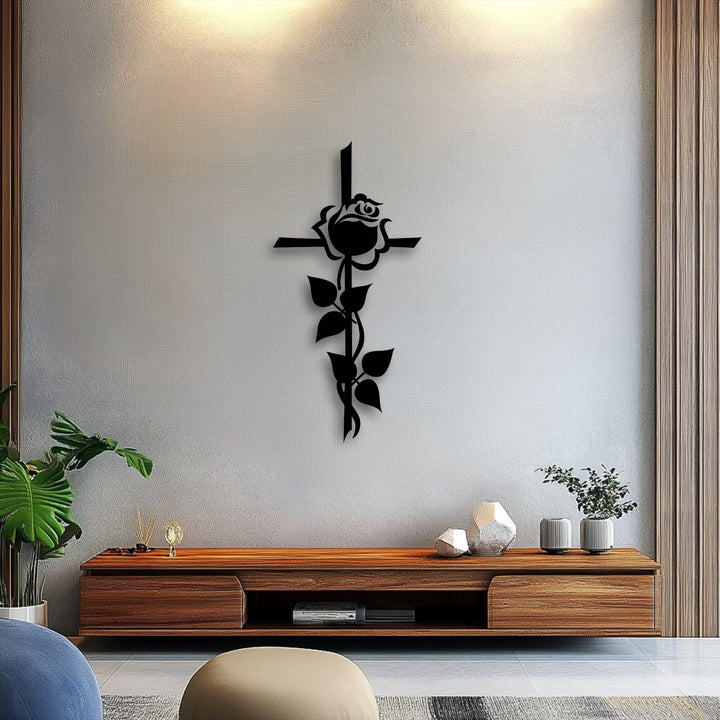 The serene mood created by the spiritual floral rose cross metal artwork brings a peaceful elegance to the modern space.