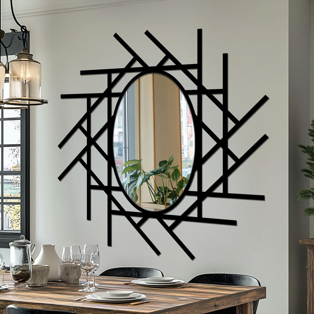Illuminated by a window's reflection, the abstract linear grid oval floor decorative mirror casts the brightest area, its black metal artwork frame adding an artistic touch.