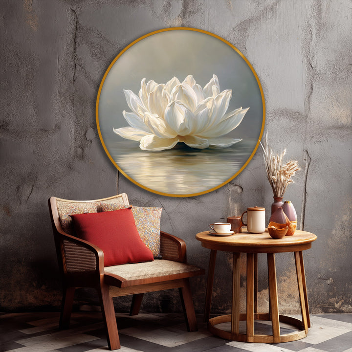 Superior big canvas prints display a serene white lotus, exhibiting exceptional material quality in its detailed floral wall art texture.