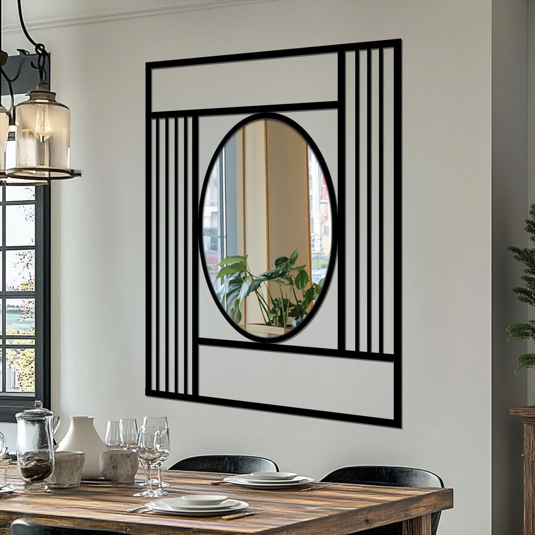 Black geometric grid frame with an oval mirror stands out as a key element in decorating with wall mirrors, reflecting a dining table scene.