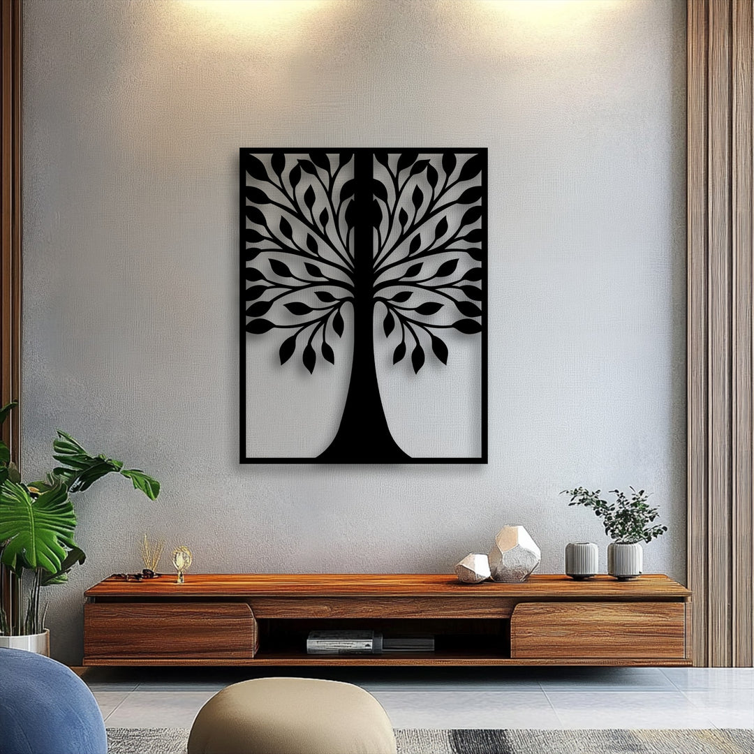 The stillness of the room is emphasized by the elegant symmetrical leaf tree silhouette metal art for wall, creating a serene minimalist decor.