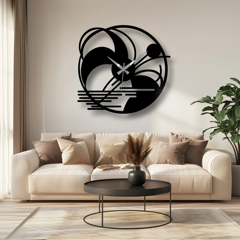 Negative space outlines the abstract landscape in this decoration wall art, a modern artistic design in this metal wall clock featuring elegant silhouettes.