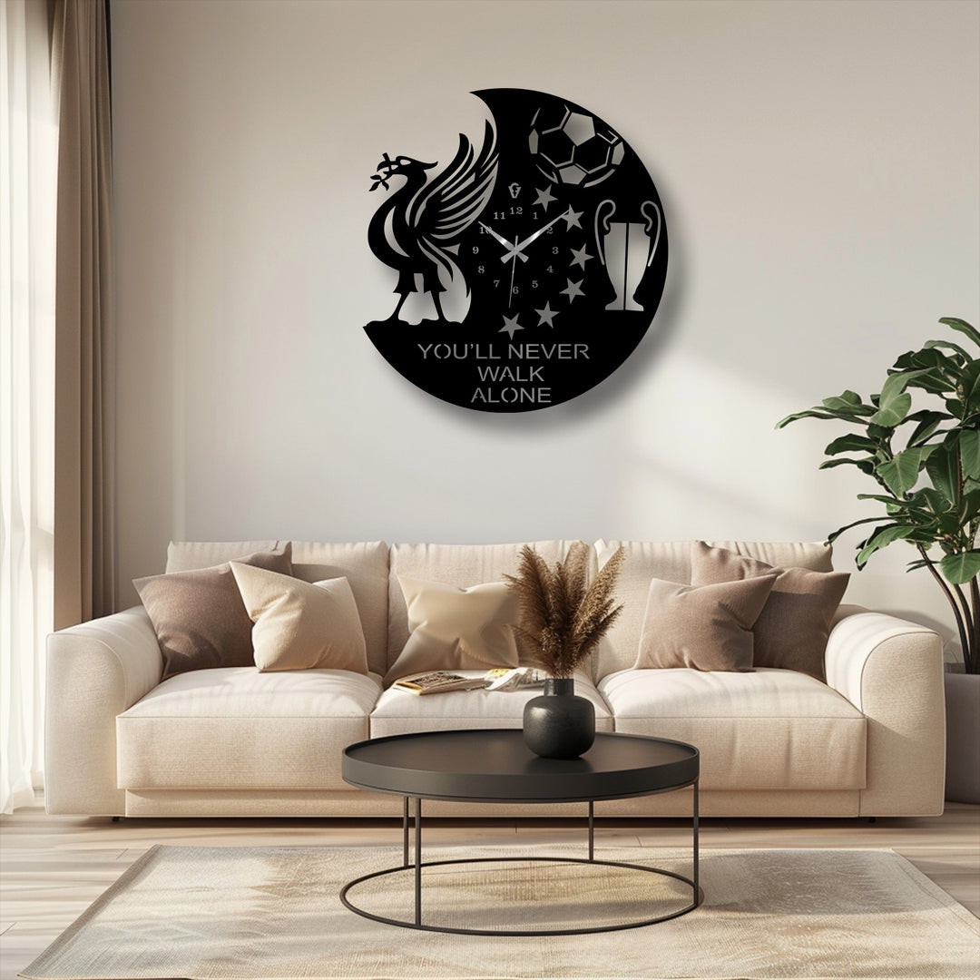 Organic shapes form a striking victory spirit metal wall decor clock featuring a football, stars, and trophy, designed for the devoted football fan.